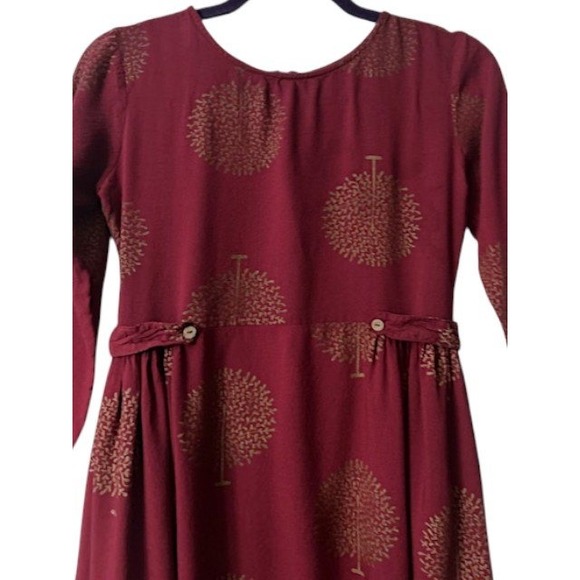 Autumn Midi Dress XS Burgundy Gold Tree Print Fall Modest Boho Cottagecore Artsy - Picture 12 of 14